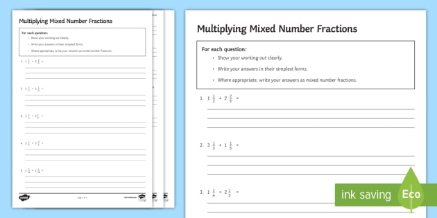 Multiplying Mixed Number Fractions Worksheet