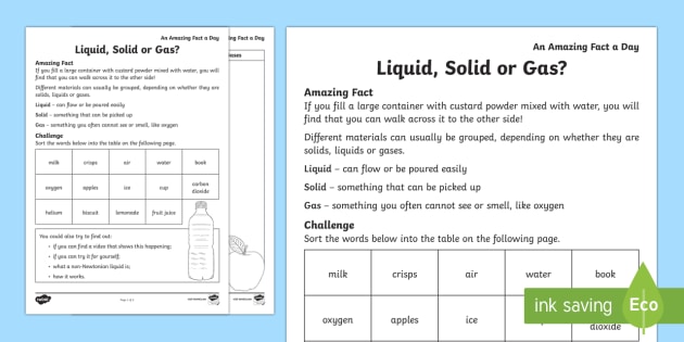 Solid, Liquid Or Gas  Worksheet   Worksheet