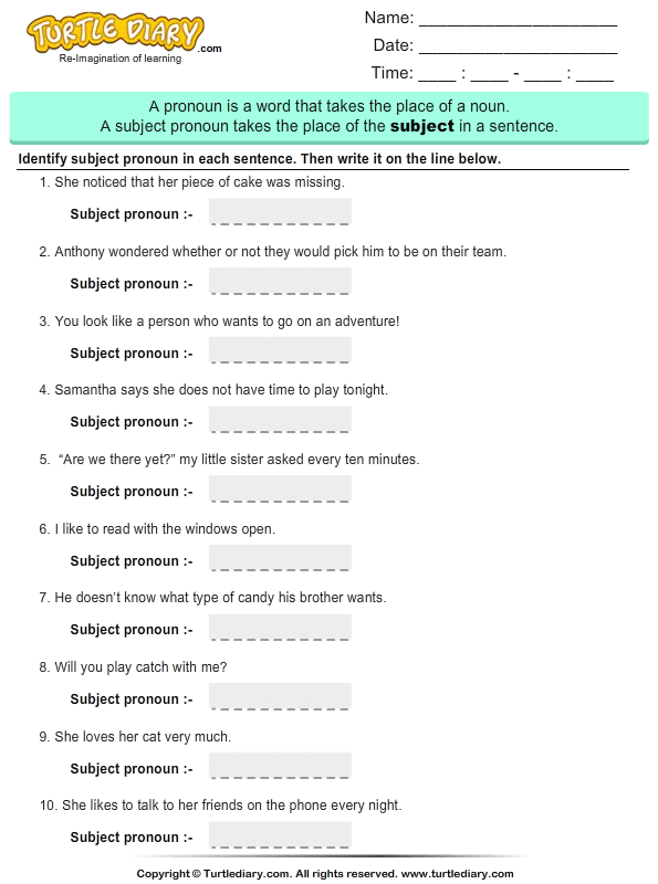 Underline And Write Subject Pronoun In Each Sentence Worksheet