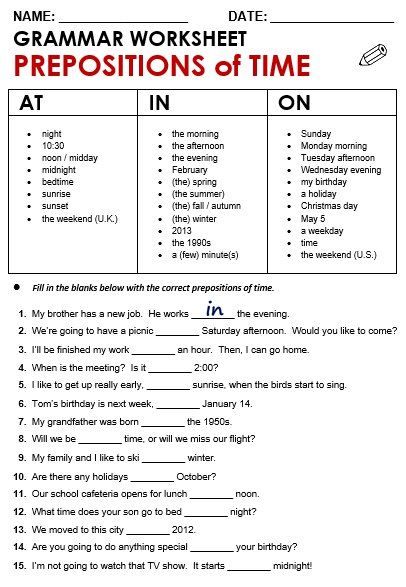 Prepositions Of Time In On At