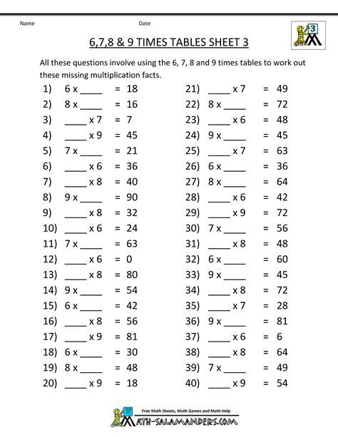 Free Multiplication Worksheets 6 7 8 9 Times Tables 3
