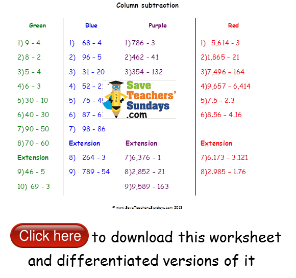 Expanded Column Subtraction Lesson Plans, Worksheets And Other