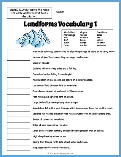 Free Landforms Vocabulary Worksheet 1