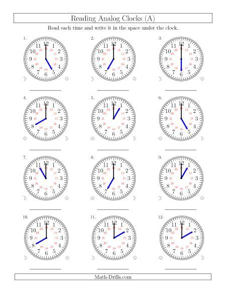 Reading 24 Hour Time In One Hour Intervals (12 Clocks)