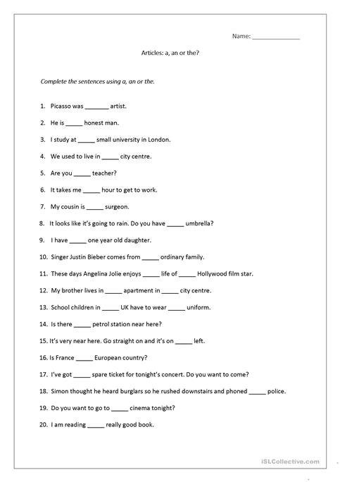 A An The Worksheets