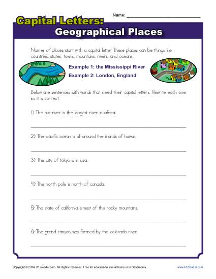 Capitalization Worksheet  Geographical Places