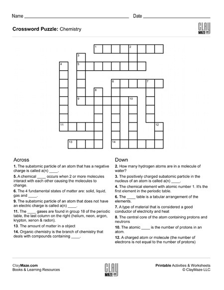 Chemistry Themed Crossword Puzzle â Childrens Educational