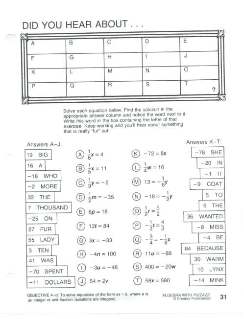 Did You Hear About Math Worksheet Algebra With Pizzazz Answers