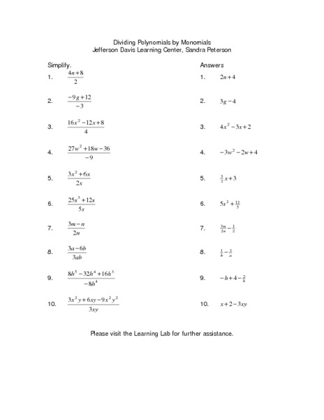 Dividing Polynomials By Monomials Worksheets The Best Worksheets