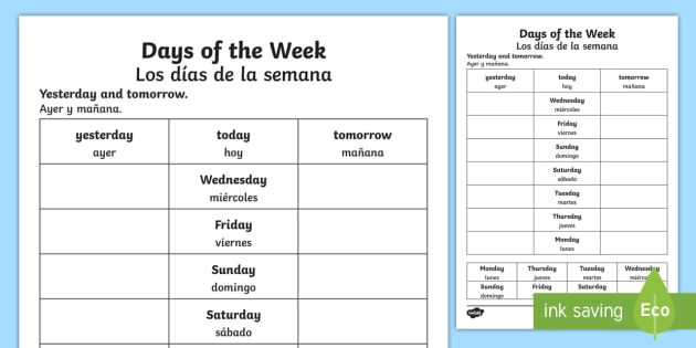 Days Of The Week Yesterday And Tomorrow Worksheet   Worksheet