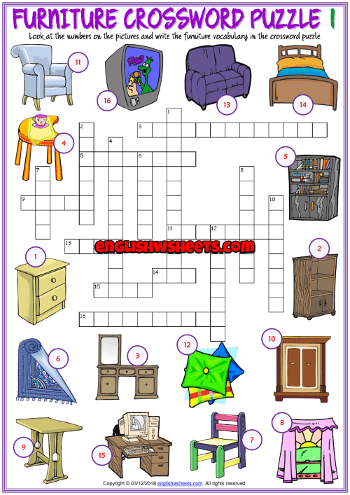 Furniture Esl Printable Crossword Puzzle Worksheets