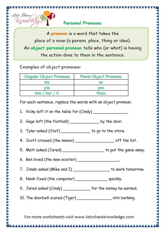 Grade 3 Grammar Topic 10  Personal Pronouns Worksheets