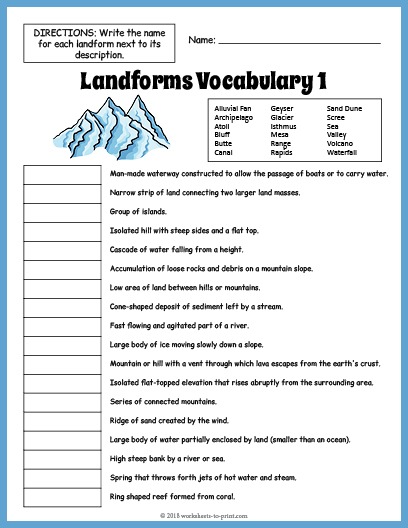 Landforms Vocabulary Worksheet 1