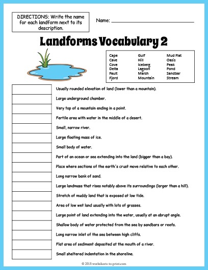 Landforms Worksheet 3rd Grade