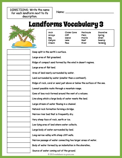 Landforms Vocabulary Worksheet 3