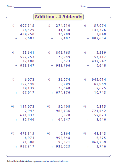 Adding Large Numbers Worksheets