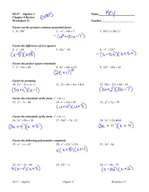 M117   Algebra 1 Name Chapter 9 Review Worksheet 11
