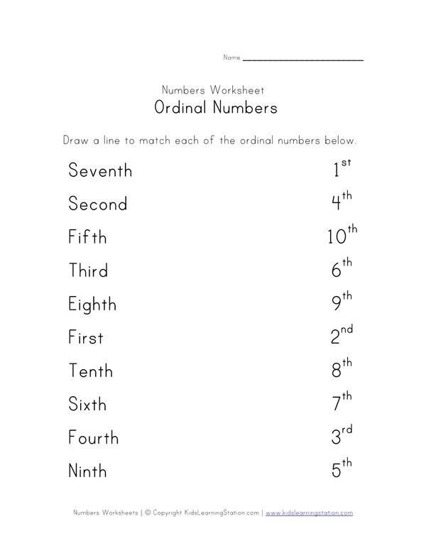 Match Ordinal Numbers Worksheet