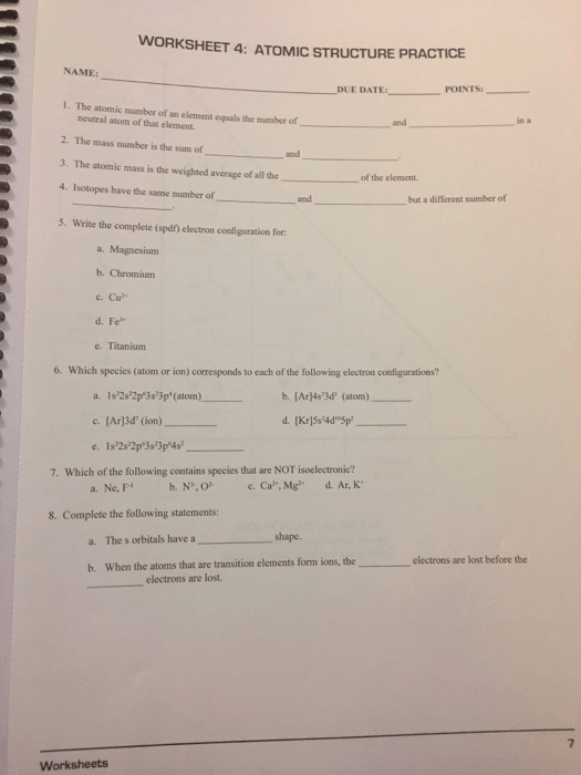 Atomic Structure Practice 1 Worksheets