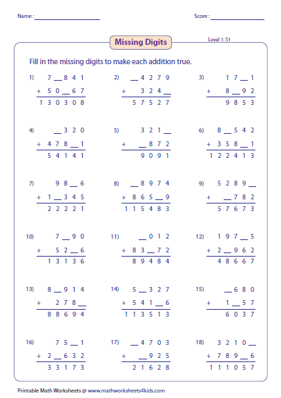 Adding Large Numbers Worksheets
