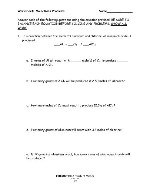 Mass To Mass Worksheet Mole Problems As Naming Compounds Worksheet