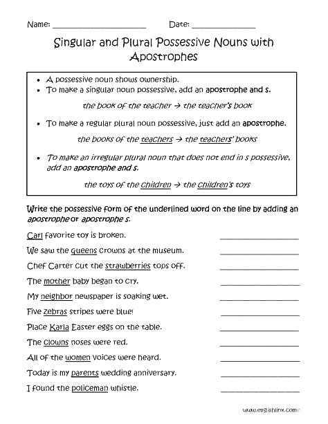 Possessive Nouns Worksheets Grade Singular And Plural Possessive