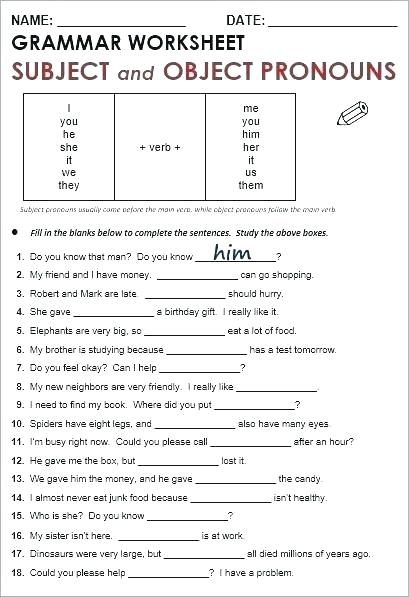 Pronoun Worksheets 2nd Grade