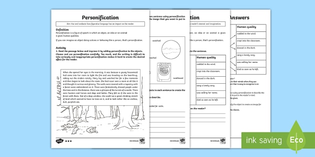 Figurative Language  Personification Differentiated Worksheet