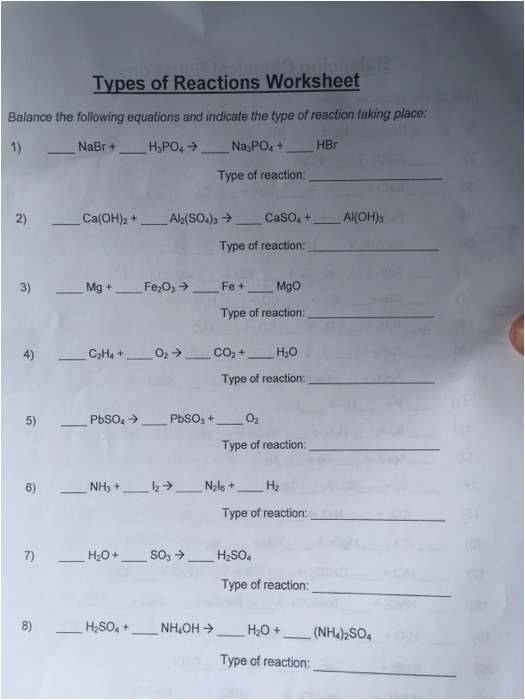 Worksheet 3 Balancing Equations And Identifying Types Of Reactions