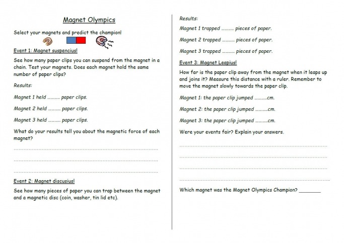 Magnet Olympics Physics Worksheet For Year 3 Science