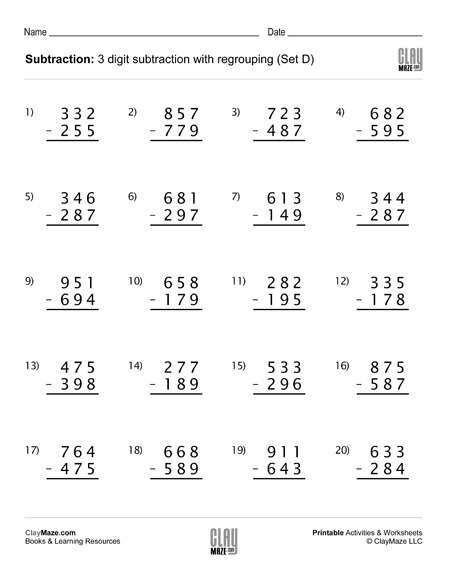 Subtraction Worksheet â 3 Digit Subtraction With Regrouping (set D