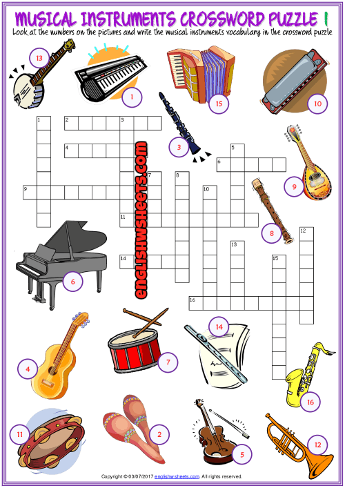Musical Instruments Crossword Puzzle Esl Worksheets