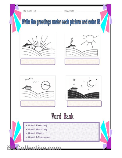 Parts Of The Day Worksheet For Ell Esl