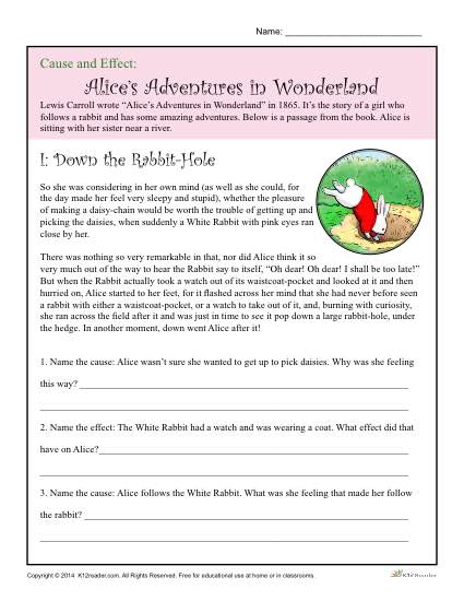 Cause And Effect Worksheet  Alice's Adventure In Wonderland