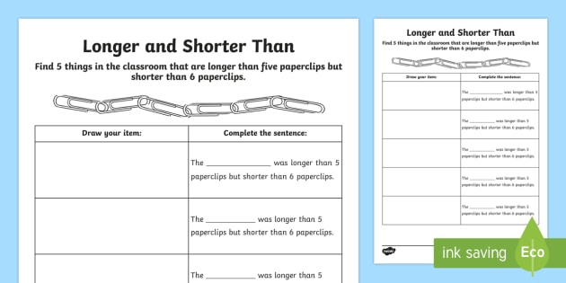 Longer And Shorter Than Worksheet   Worksheet