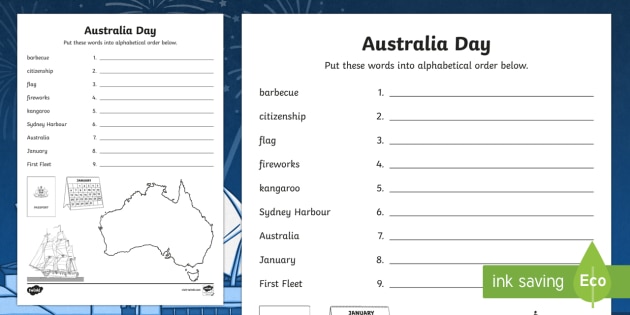 Australia Day Alphabet Ordering Worksheet