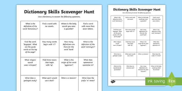 Dictionary Skills Scavenger Hunt Worksheet
