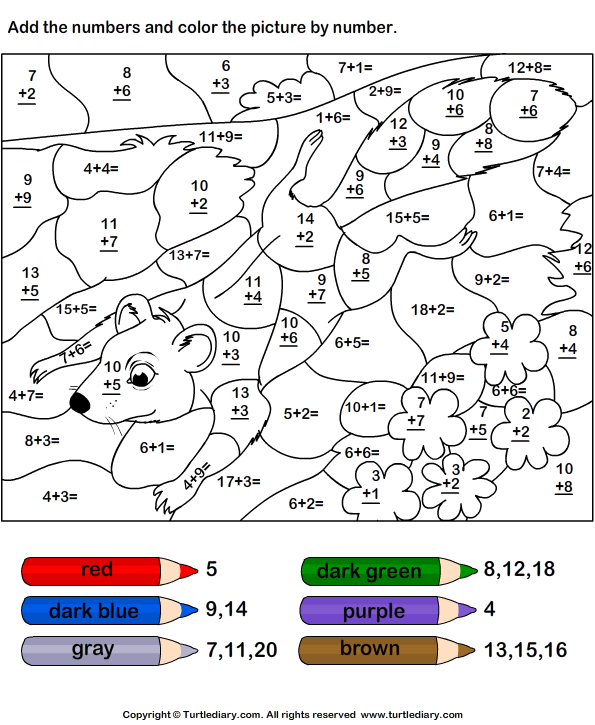 Color By Number Addition With Numbers Up To Twenty Worksheet