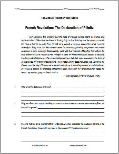 Declaration Of Pillnitz Dbq Worksheet