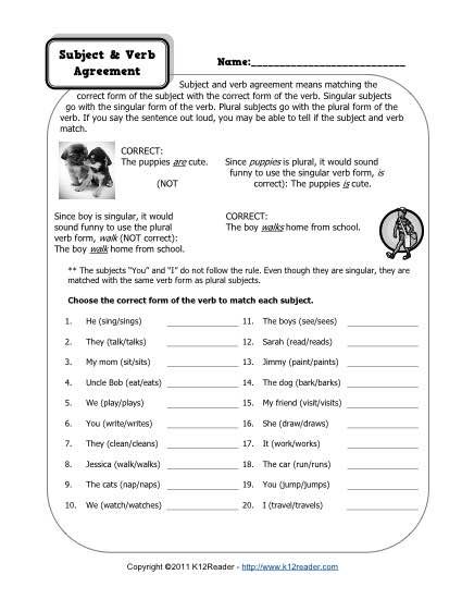 Subject And Verb Agreement Worksheets