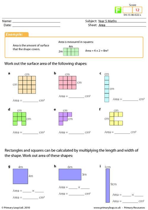 Year 4 Maths  Area Worksheet