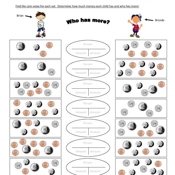 First Grade Comparing Money Values Worksheet 10 â One Page Worksheets