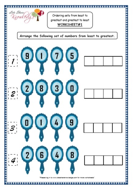 Kindergarten Ordering Numbers Printable Worksheets