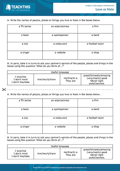 Subject Object Pronouns Esl Activities Games Worksheets