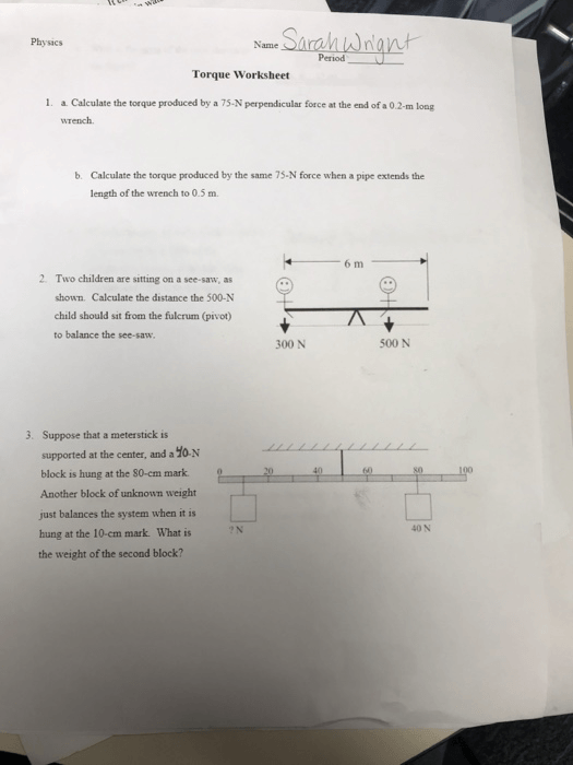 Physics Name Period Torque Worksheet A Calculate T