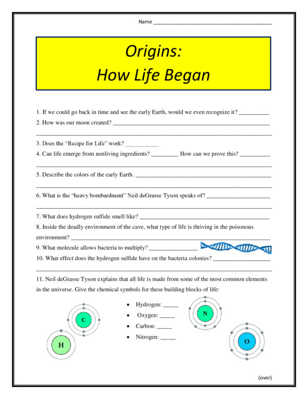 Origins  How Life Began Worksheet (2004)