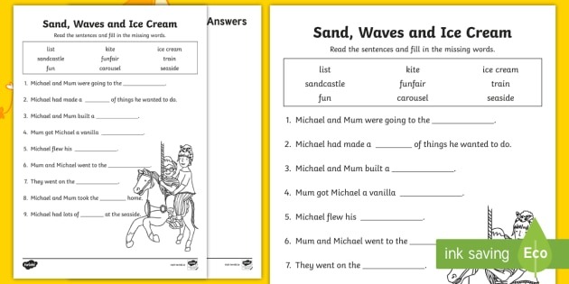 Sand, Waves And Ice Cream Fill In The Blanks Worksheet   Worksheet