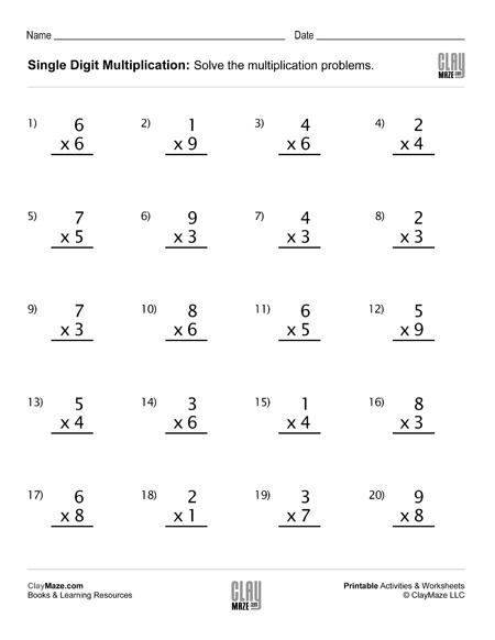 Single Digit Multiplication Worksheet (set 1) â Childrens