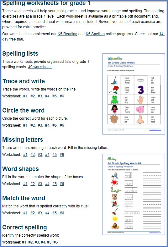 Spelling Worksheets For Grades 1 To 5