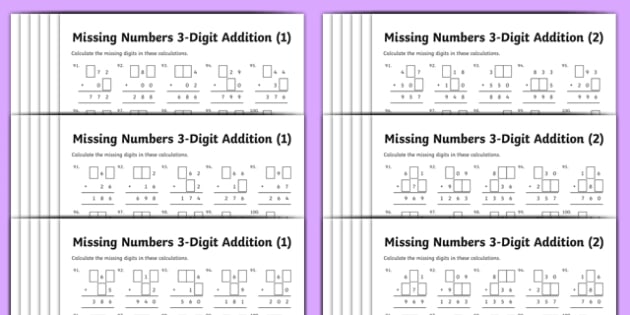 Addition 3 Digit Numbers Missing Numbers Differentiated Worksheet